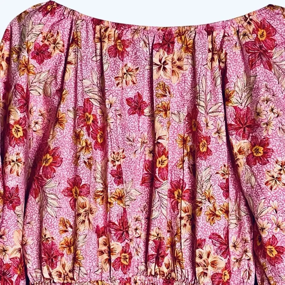 NWT LOFT Lily Blouse Top XL Gathered Waist Puff Sleeve Pink Floral Romantic $70